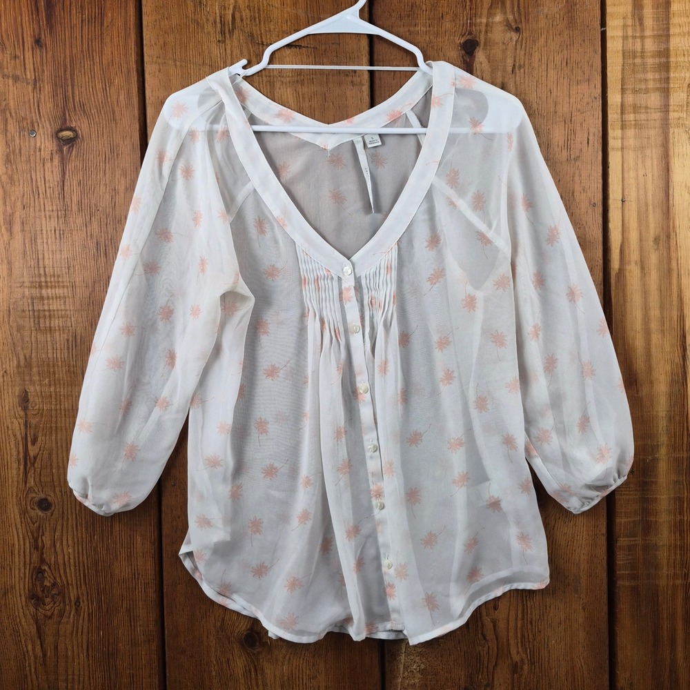 LC Lauren Conrad White Peach Palm Tree Print Sheer V-Neck Button Blouse Small